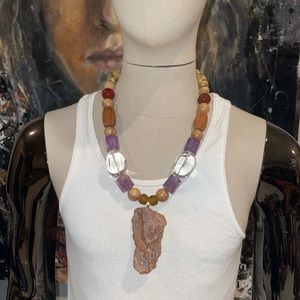 Hand Crafted rustic beaded necklace with Raw Amber